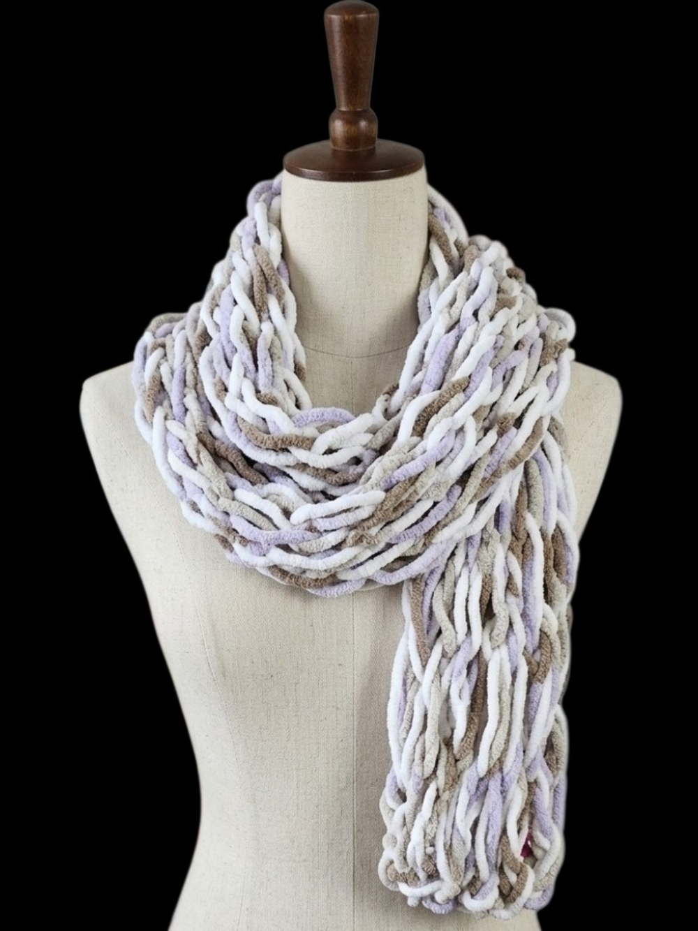 Chunky, Cozy Multi-Strand Scarf - White, Lavender & Taupe